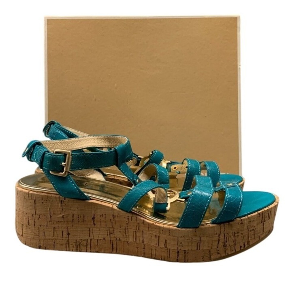 Michael Kors Nash Sandal Womens 10M Teal Blue Patent Wedge Platform Strappy